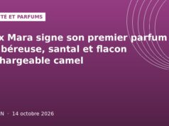 Max Mara signe son premier parfum : tubéreuse, santal et flacon rechargeable camel Illustration graphique violet : lancement du premier parfum Max Mara Le Parfum, Ouelen 14 octobre 2026