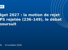 Budget 2027 : la motion de rejet du PS rejetée (236–149), le débat se poursuit Illustration graphique bleu France : budget 2027 et motion de rejet à l'Assemblée nationale, Ouelen 14 octobre 2026