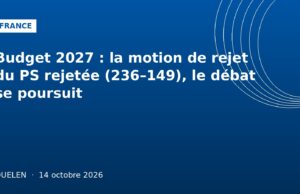 Budget 2027 : la motion de rejet du PS rejetée (236–149), le débat se poursuit Illustration graphique bleu France : budget 2027 et motion de rejet à l'Assemblée nationale, Ouelen 14 octobre 2026