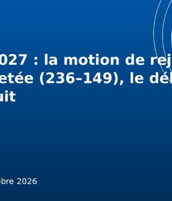Budget 2027 : la motion de rejet du PS rejetée (236–149), le débat se poursuit Illustration graphique bleu France : budget 2027 et motion de rejet à l'Assemblée nationale, Ouelen 14 octobre 2026