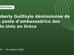 Kimberly Guilfoyle démissionne de son poste d’ambassadrice des États-Unis en Grèce Illustration graphique verte internationale : démission de Kimberly Guilfoyle ambassadrice en Grèce, Ouelen 14 octobre 2026