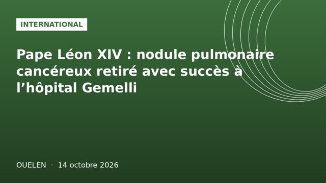 Illustration graphique verte internationale : opération du pape Léon XIV à l'hôpital Gemelli, Ouelen 14 octobre 2026