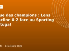 Ligue des champions : Lens s’incline 0-2 face au Sporting Portugal Illustration graphique orange sport : match Lens contre Sporting en Ligue des champions, Ouelen 14 octobre 2026
