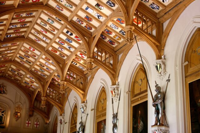 Le plafond de la salle Saint-Georges du château de Windsor, où se tenait le banquet d'État (photo d'archives) Le plafond de la salle Saint-Georges du château de Windsor, où se tenait le banquet d'État (photo d'archives)