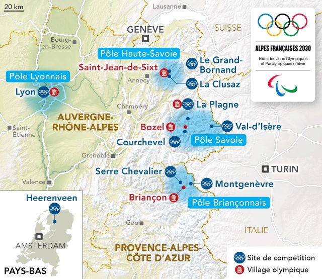 Carte des sites envisagés pour les Jeux olympiques d’hiver 2030 dans les Alpes françaises Carte des sites envisagés pour les Jeux olympiques d’hiver 2030 dans les Alpes françaises