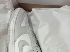 Union x Nike Dunk Low « Bamboo » : date de sortie le 6 novembre, prix et où l’acheter la Dunk au talon rabattable Une paire de Nike Dunk Low dans sa boîte, modèle gris et blanc (photo d’illustration, il ne s’agit pas du coloris Bamboo)